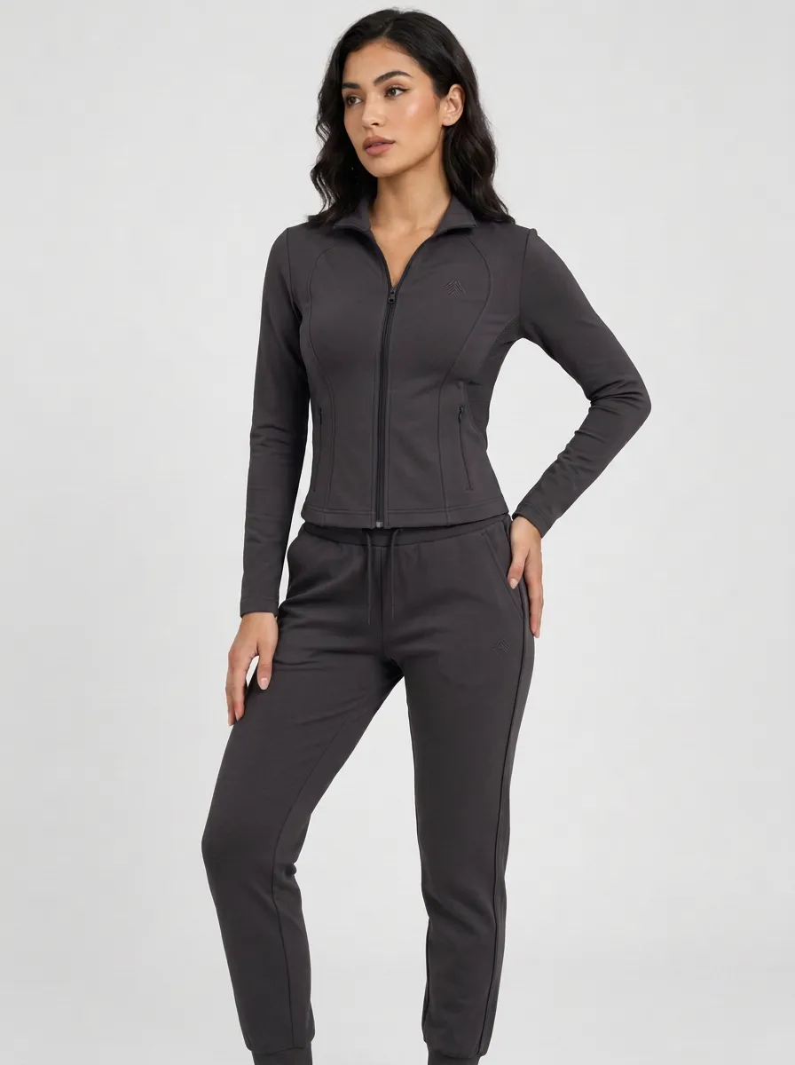 Women's Sage Green Contrast Panel Zip-Up Jacket & Jogger Set