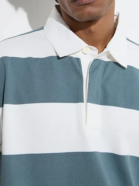 Teal Loose Cotton-Blend Polo T-Shirt