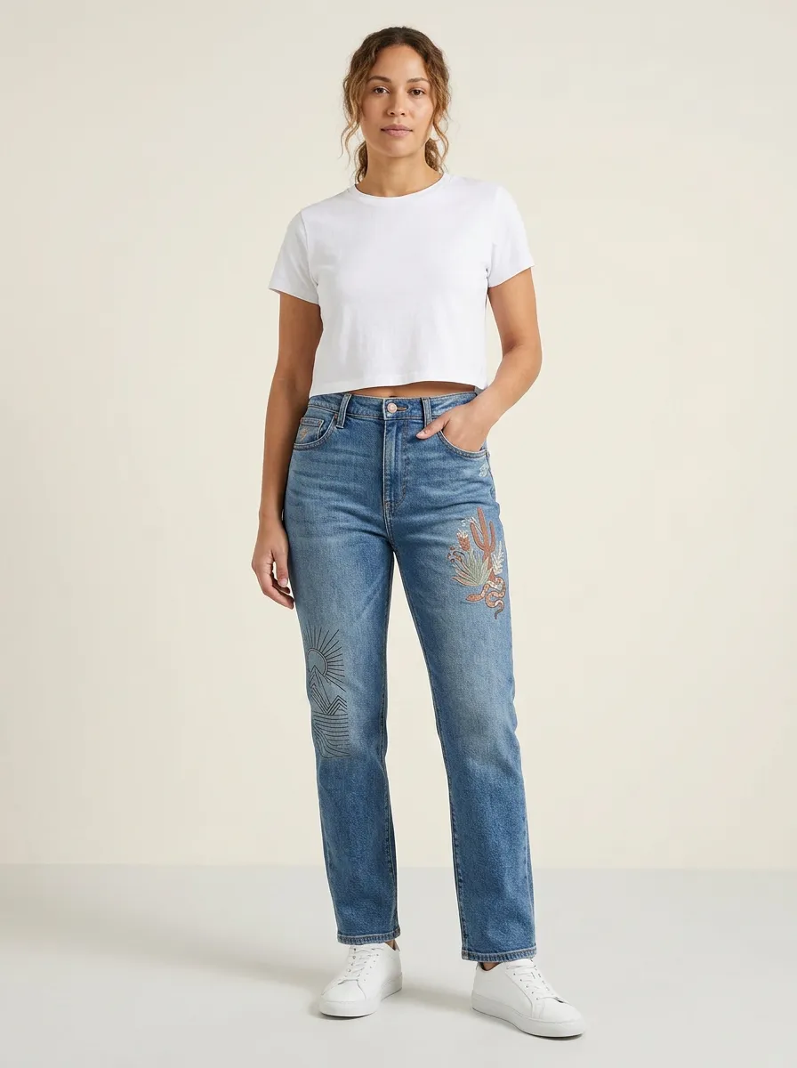 Women's Desert Cactus Snake Mountain Printed Straight Leg Jeans