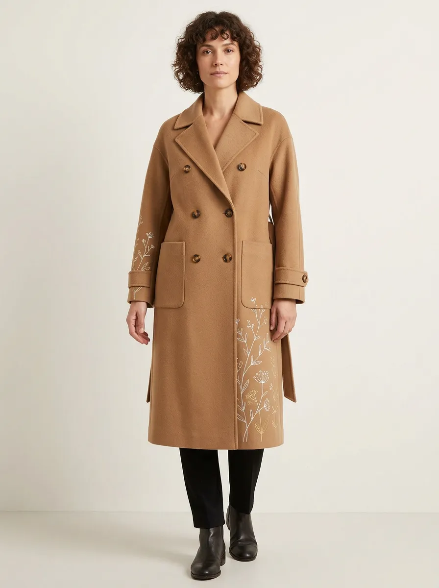 Women's Wildflower Embroidered Camel Wool Coat