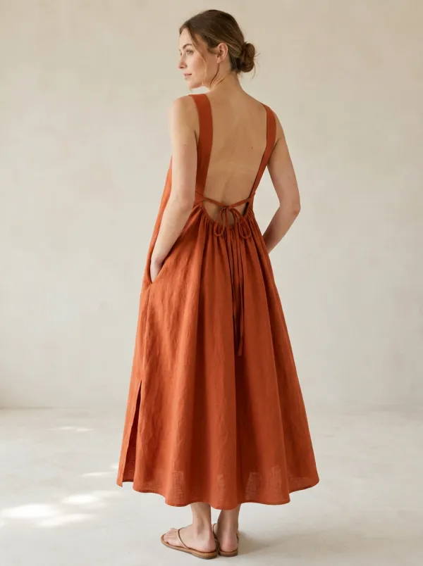 Women's Natural-Shape Casual Tie-Strap Linen Backless Dress