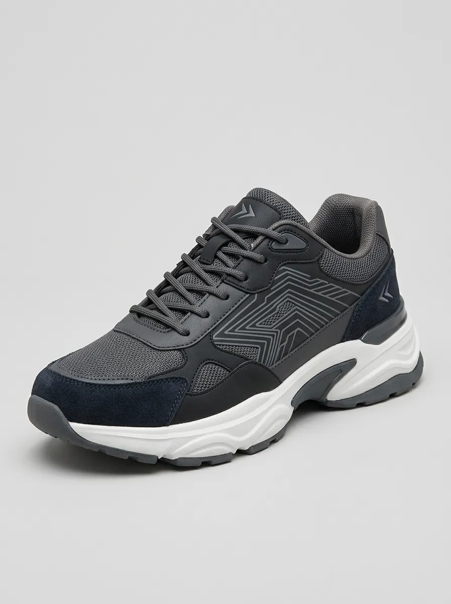Men's Charcoal Grey Geometric Pattern Athletic Sneakers