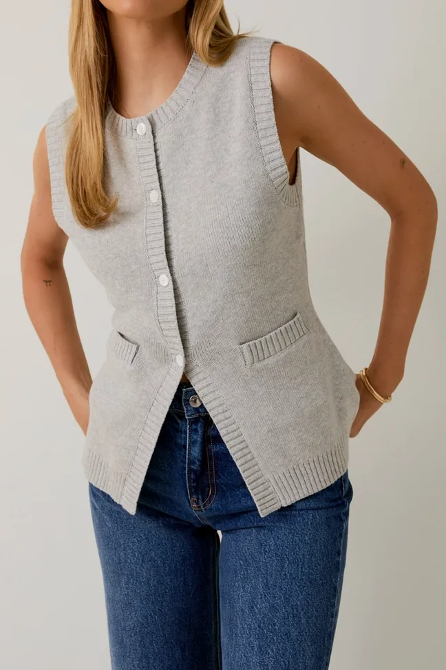 Heather Grey Sleeveless Button Front Knit Vest
