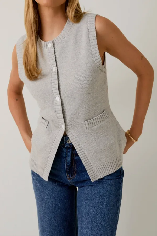 Heather Grey Sleeveless Button Front Knit Vest