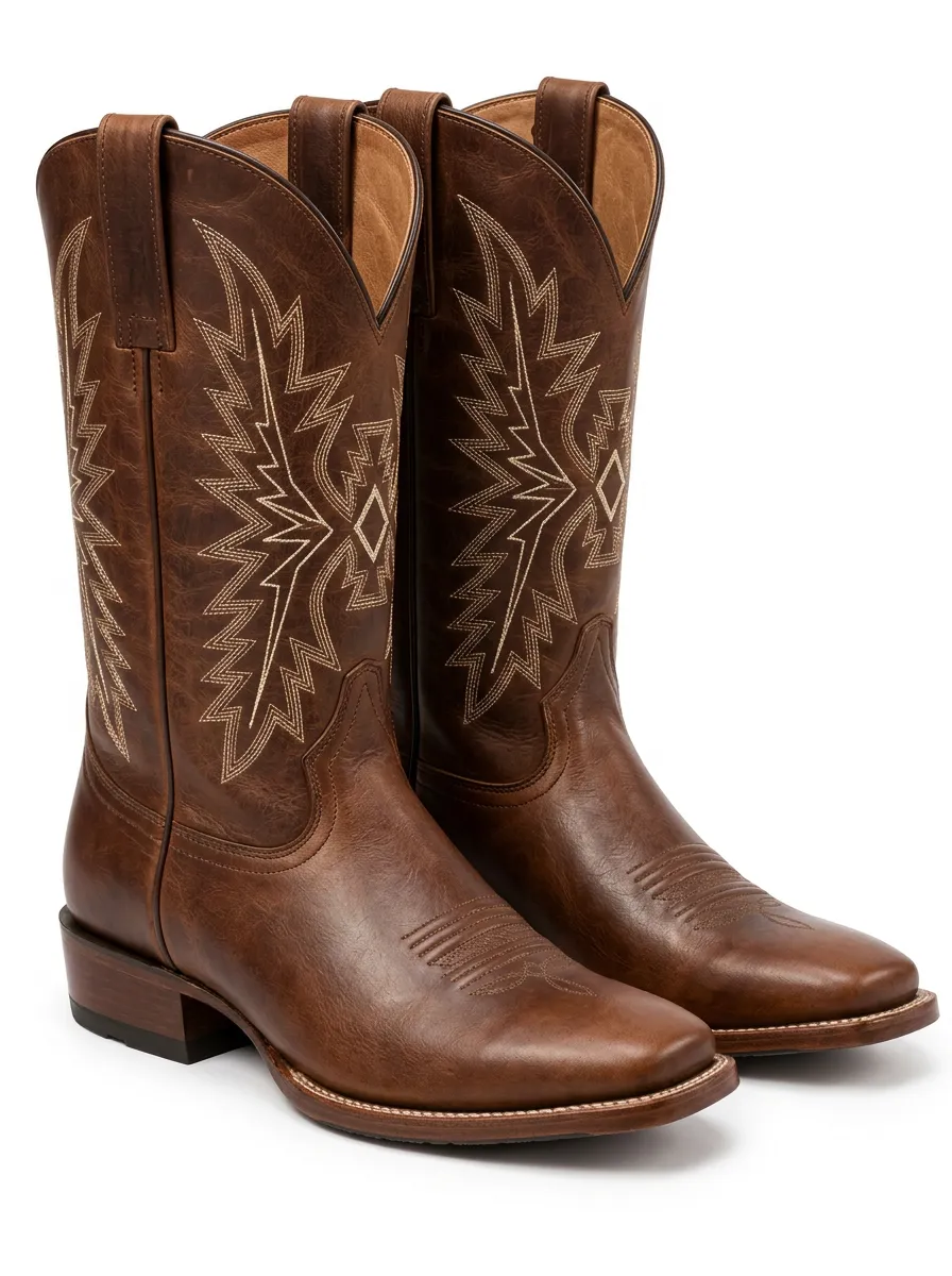 Men's Brown Embroidery and Stitchwork Cowboy Boots