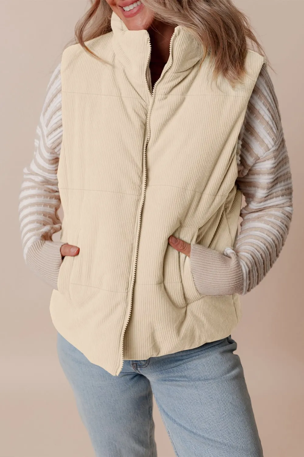 Corduroy Stand Neck Zip Puffer Vest