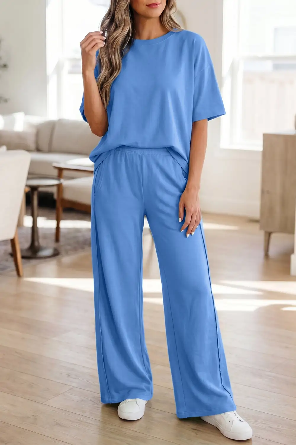 Women's Solid Cover Oversize Tee Pocketed Casual Pants Two Piece Outfit
