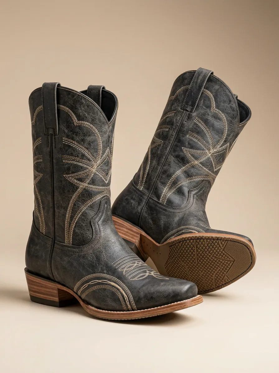 Unisex Western Cowboy Distressed Embroidered Western Boots
