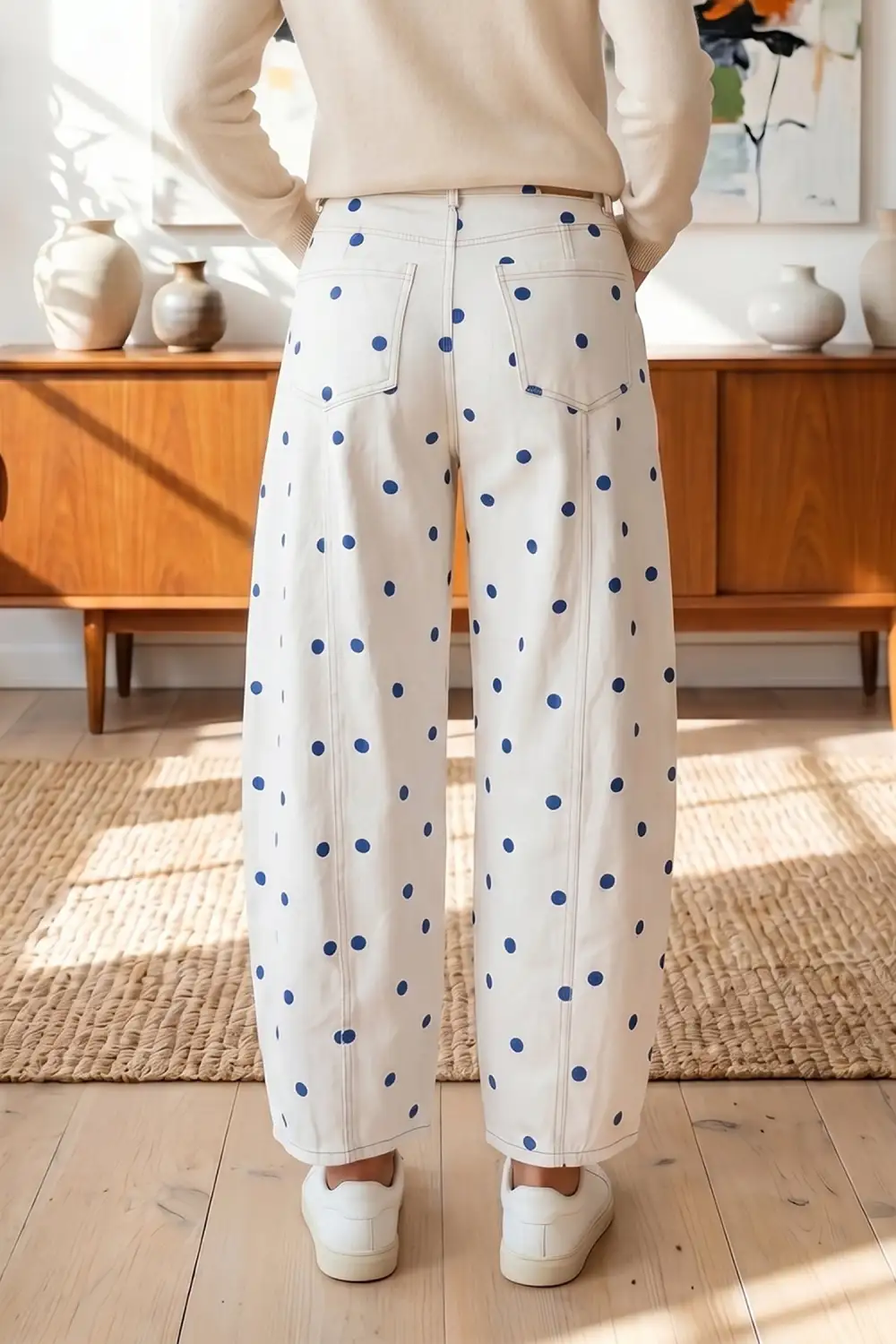 Polka Dot Relaxed Fit Barrel Leg Cropped Casual Jeans