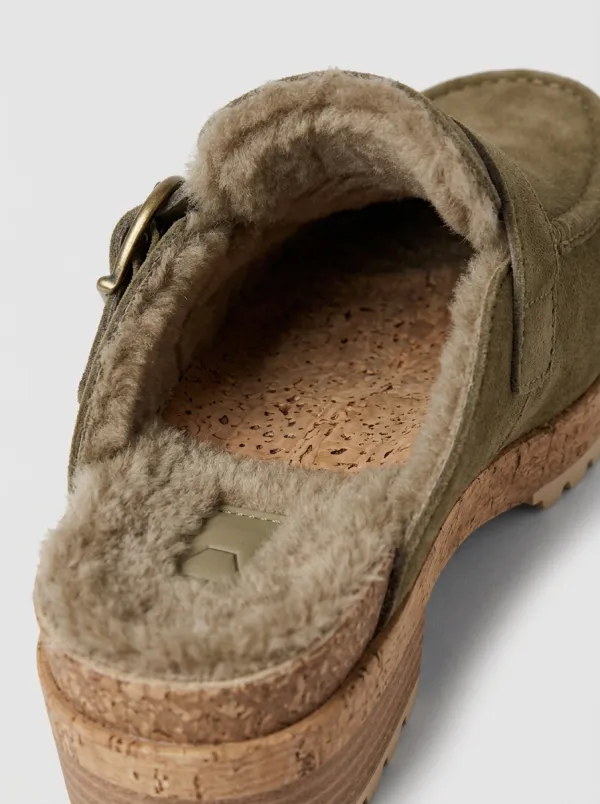 Women's Trail Faux Fur Lined Buckle Detail Platform Suede Wood Sole Loafers