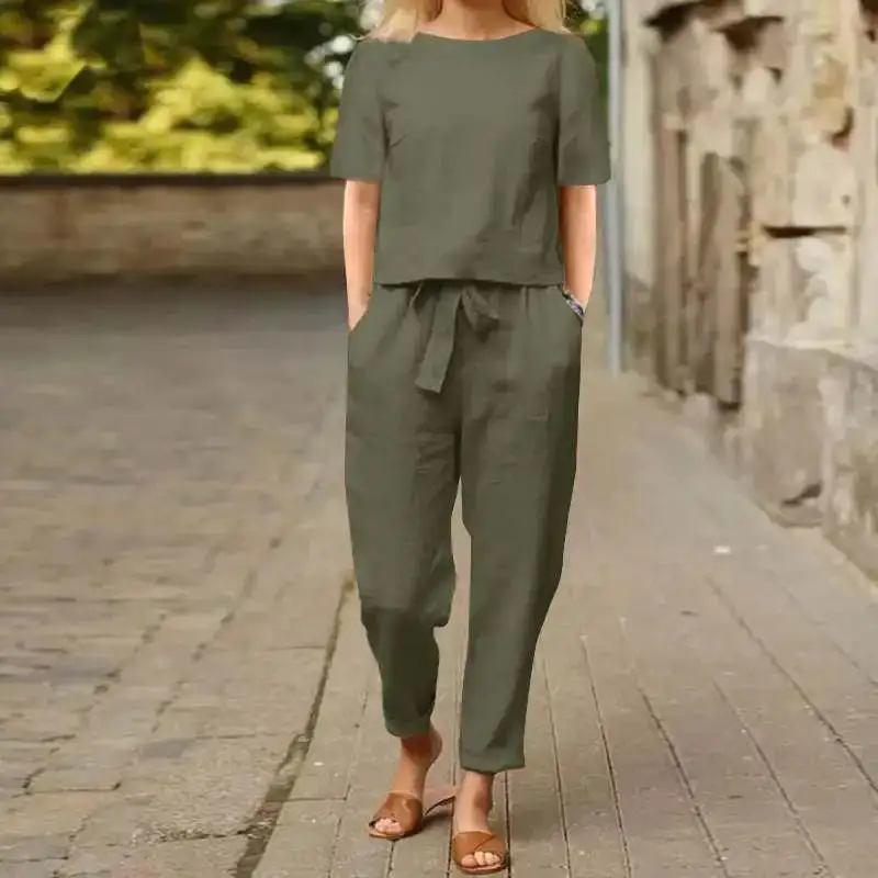  Polished Linen Tie Waist Jumpsuit Set