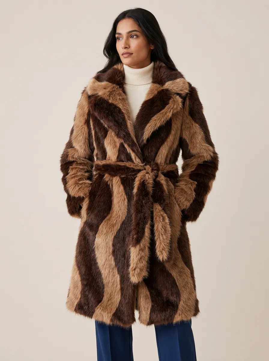 Vintage Style Striped Pattern Printed Faux Fur Coat