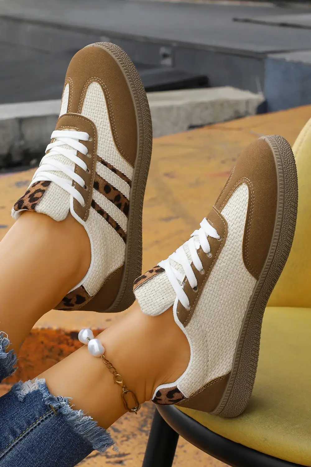 Leopard Patchwork Colorblock Lace-Up Casual Sneakers