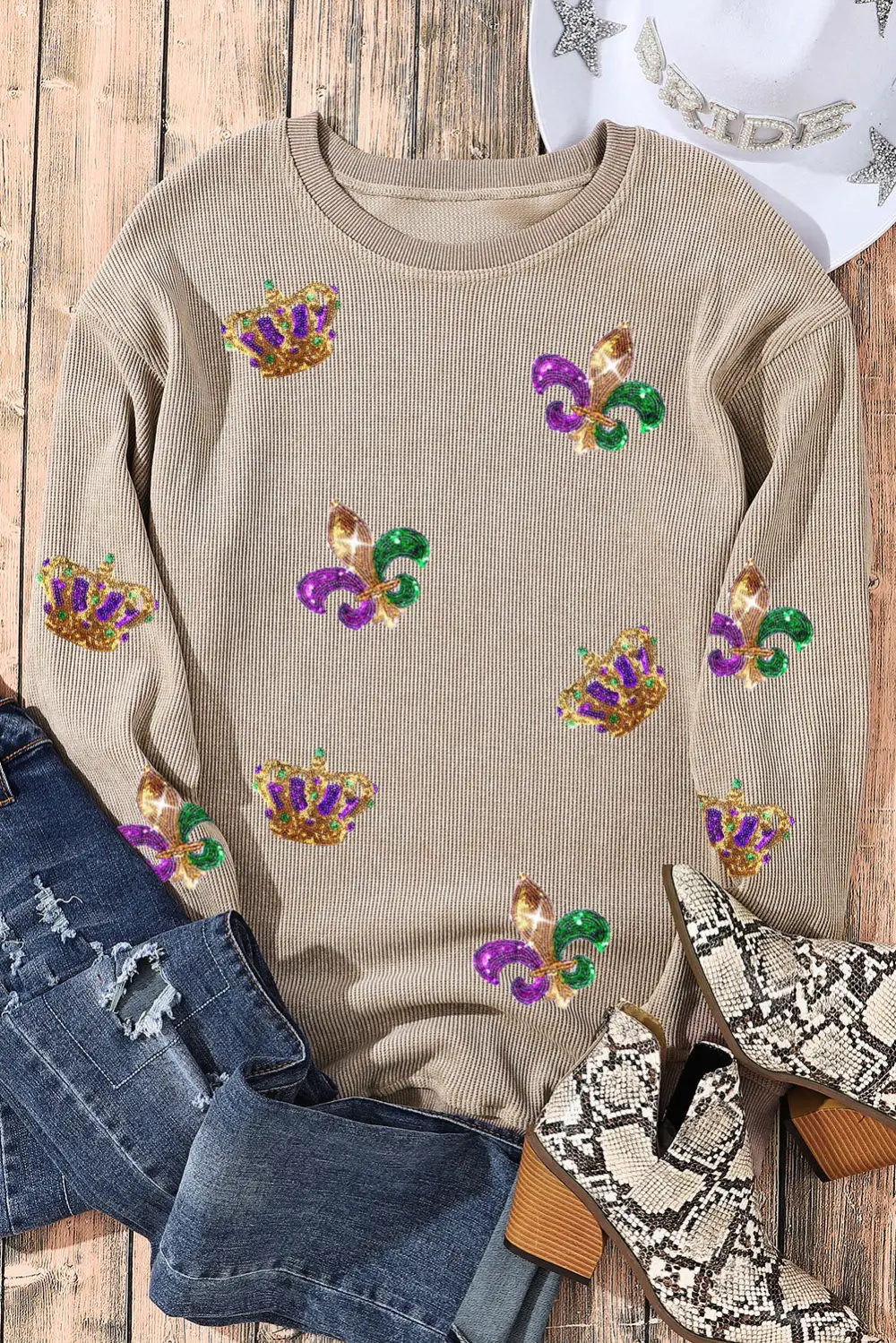 Carnival Sequin Crown Fleur De Lis Corded Sweatshirt