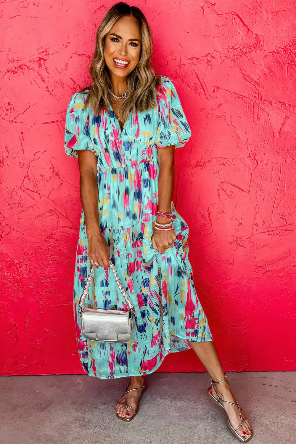 Abstract Print Tiered Puff Sleeve Maxi Dress
