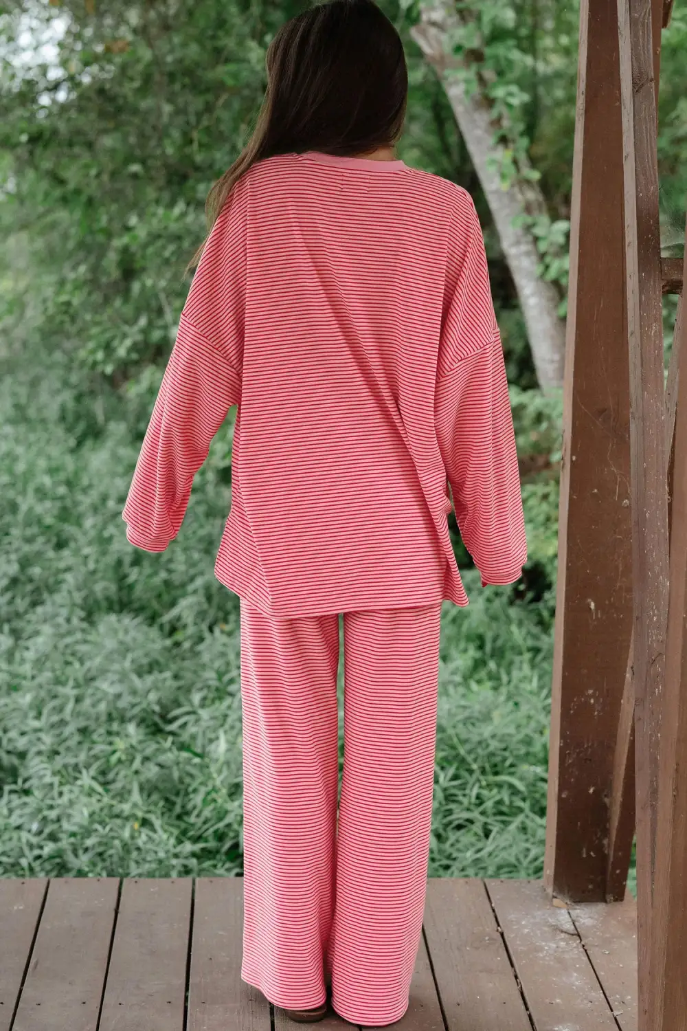 Women's Striped Drop Shoulder Long Sleeve Pant Set