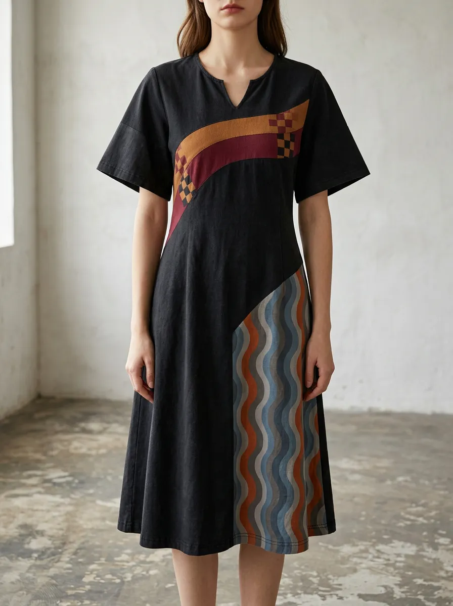 Women's Geometric Wave Checkered Pattern Printed Dress