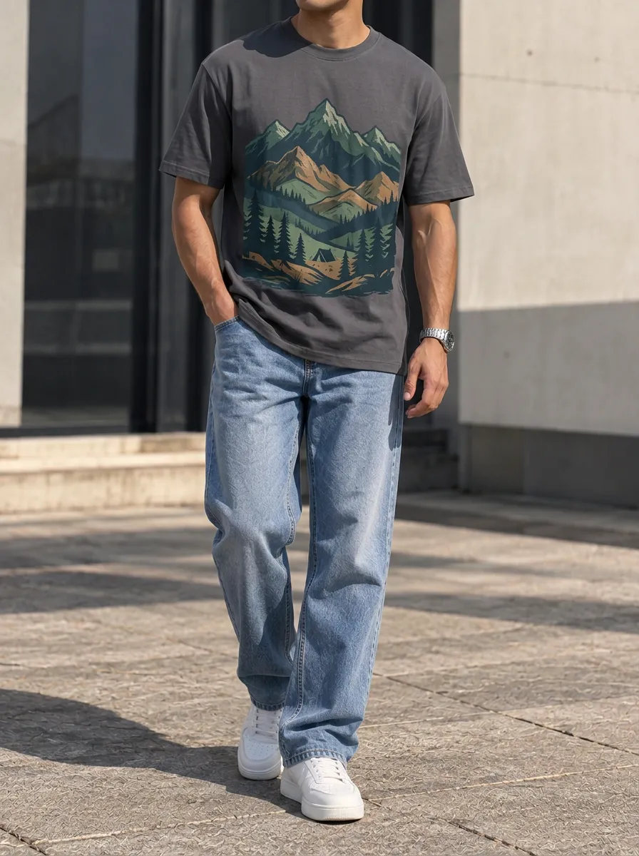 Men's Outdoor Camping Mountain Printed T-Shirt and Jeans Set