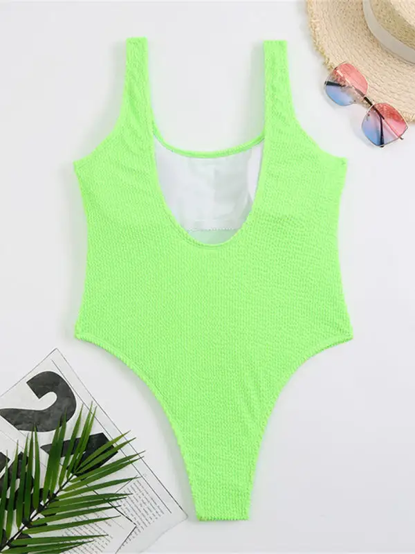 Candy Fluorescent Pleated Fabric One Piece Swimsuit