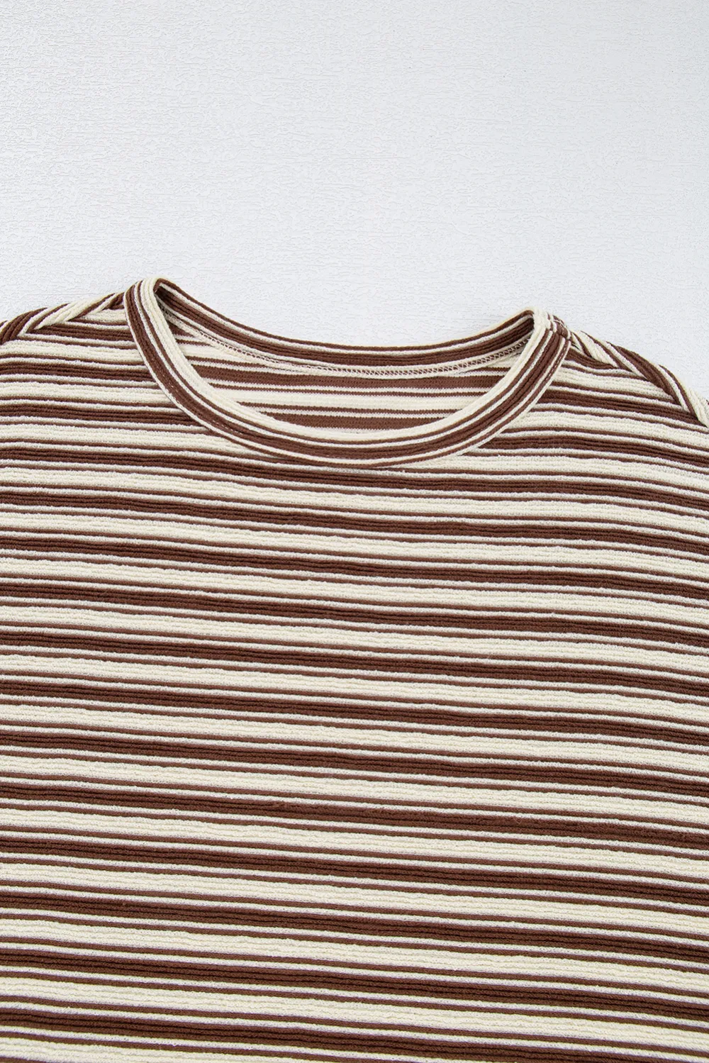 Brown Stripe Textured Side Slits Tee