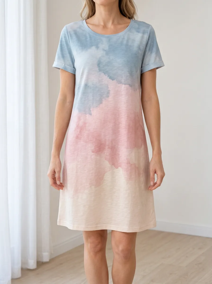 Women's Crew Neck and Watercolor Print T-Shirt Dress