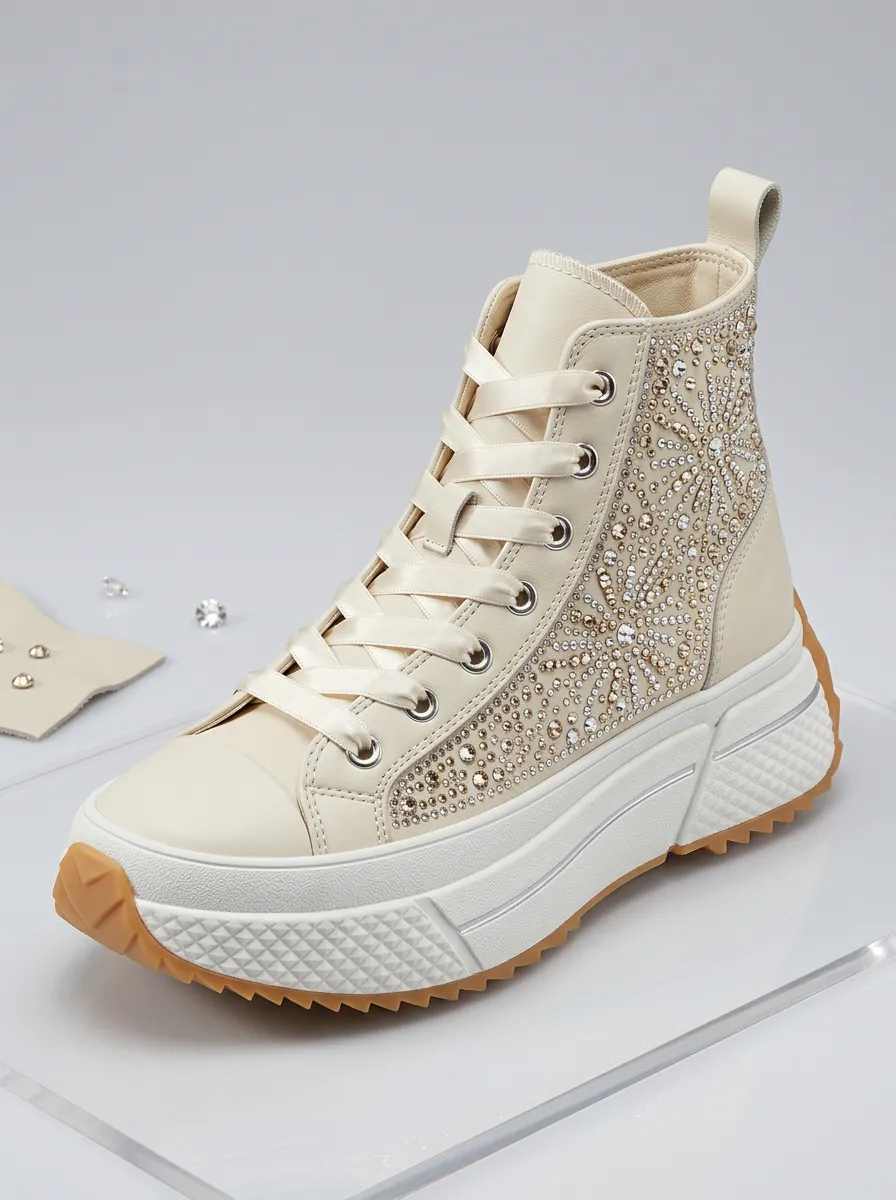 Floral Lace-Detail High-Top Geometric Women's Rhinestone Platform Shoes