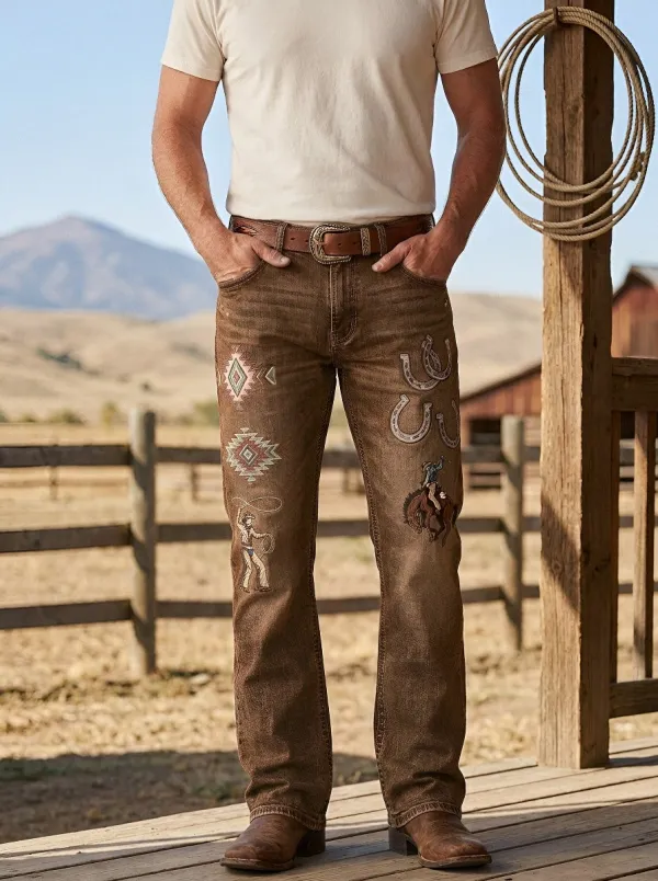 Men's Western Cowboy Rodeo Horseshoe Horse Jeans