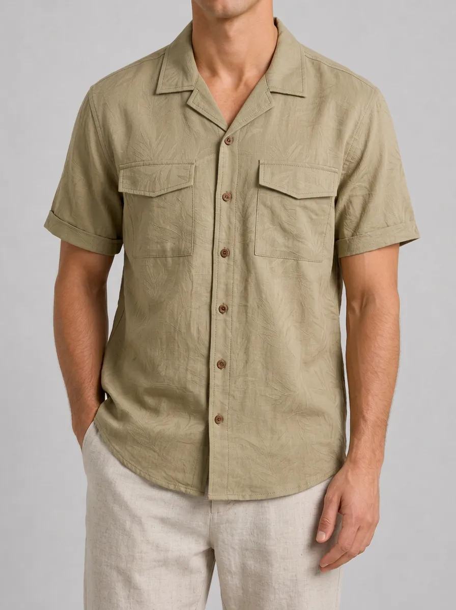 Men's Casual Summer Olive Leaf Printed Short Sleeve Shirt