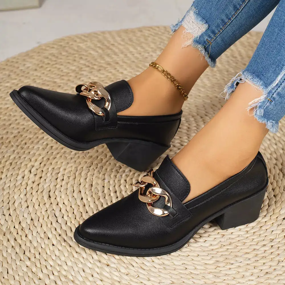 Textured Pointed Toe Block Heel Loafers