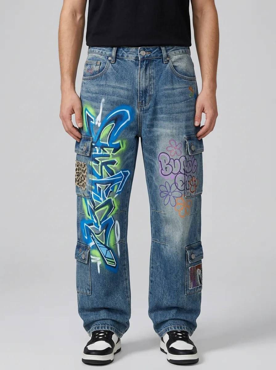 Men's Streetwear Graffiti Flower Graphic Cargo Jeans