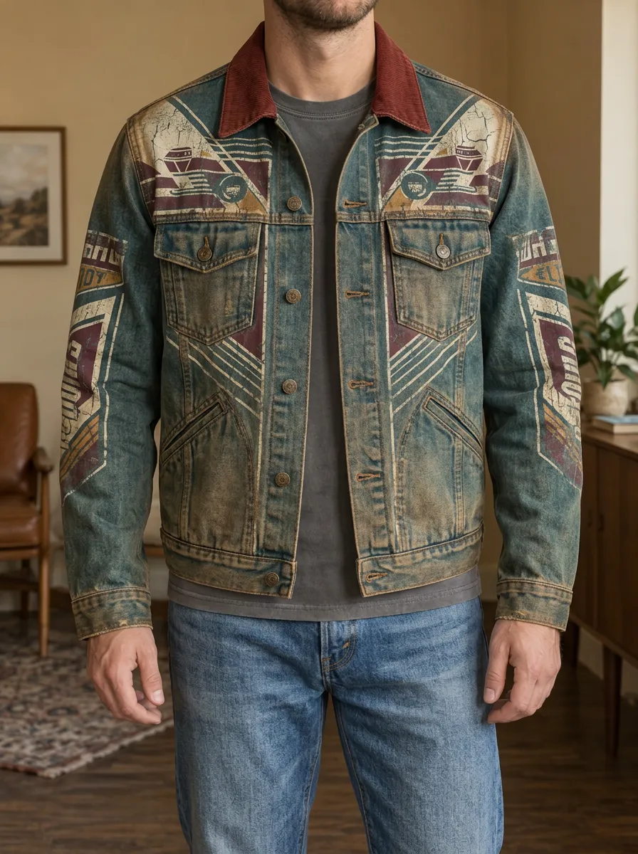Men's Vintage Retro Graphic Distressed Printed Denim Jacket