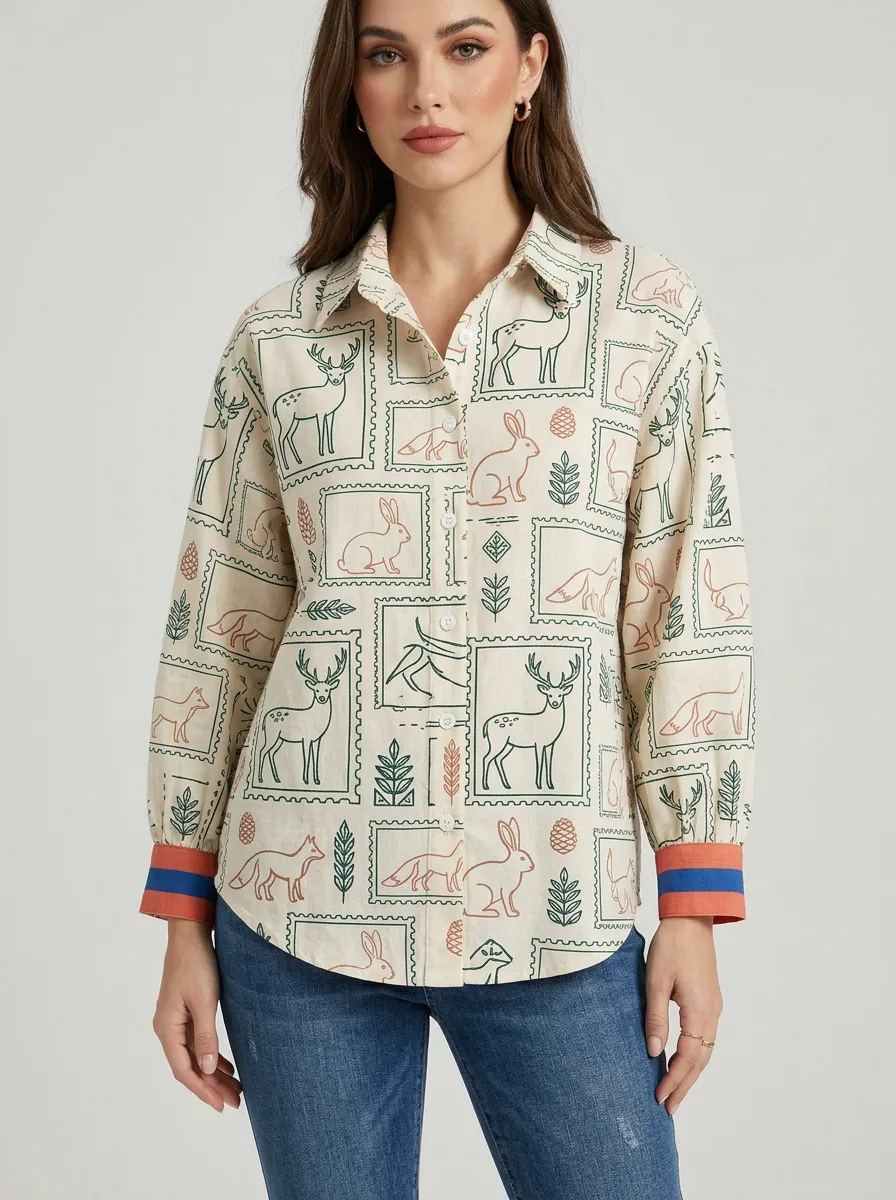 Women's Nature Lover Forest Animal Stamp Printed Button-up Shirt