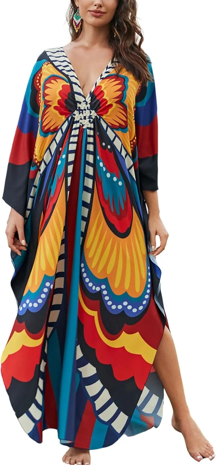 KECVOT Kaftan Dresses for Women Plus Size Batwing Sleeve Caftans Long Bathing Suit Cover Up Maxi Beach Dress Loungewear