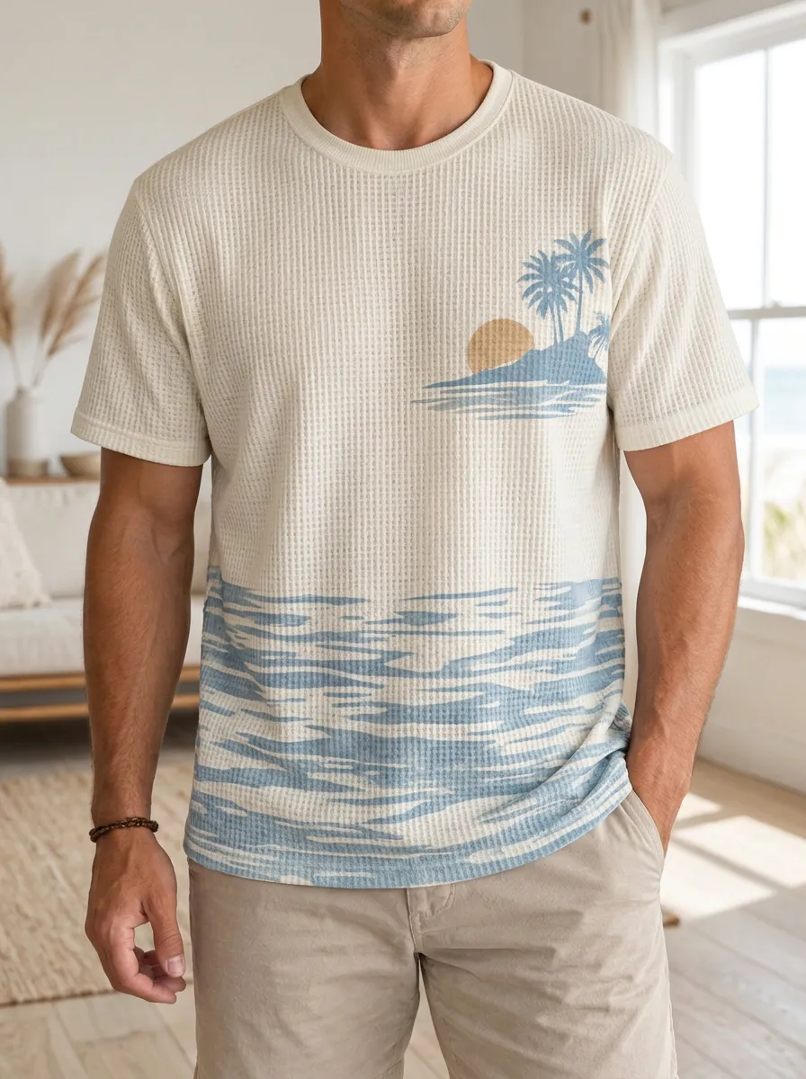 Men's Beach Vacation Tropical Sunset Palm Tree Waffle Crew Neck T-Shirt