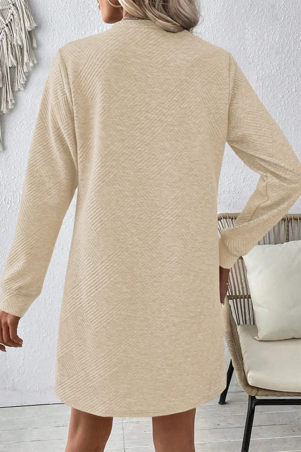 Classic Solid Color Textured Long Sleeve Shift Dress