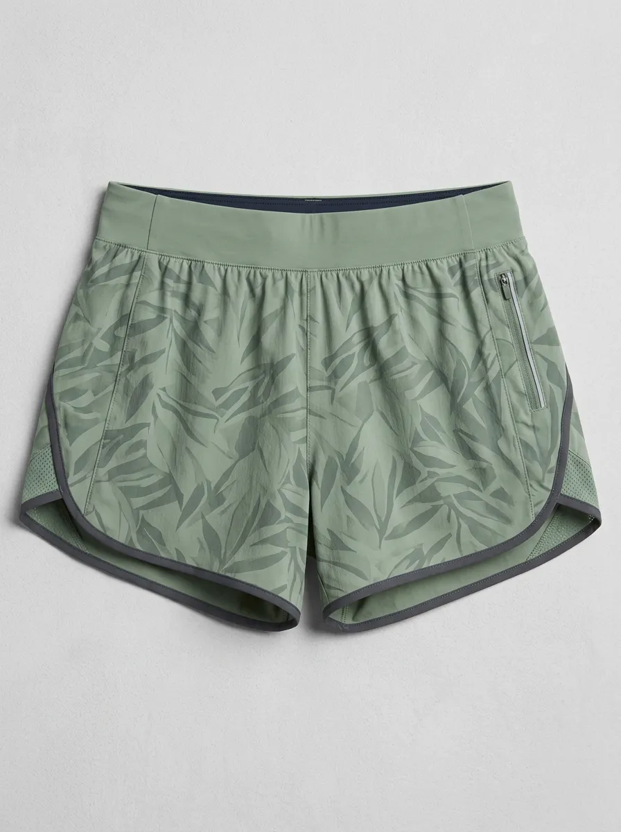 Women's Athletic Sage Green Leaf Printed Running Shorts