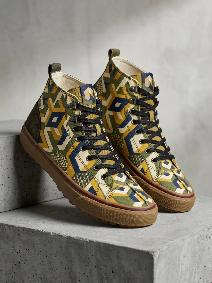 Classic Geometric Pattern Olive Printed Canvas Shoes