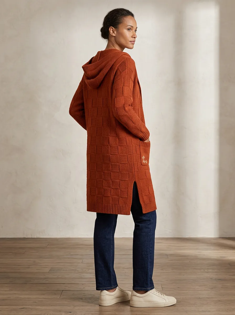 Women's Checkerboard-Knit Open-Front Patch-Pocket Embroidered Hooded Cardigan