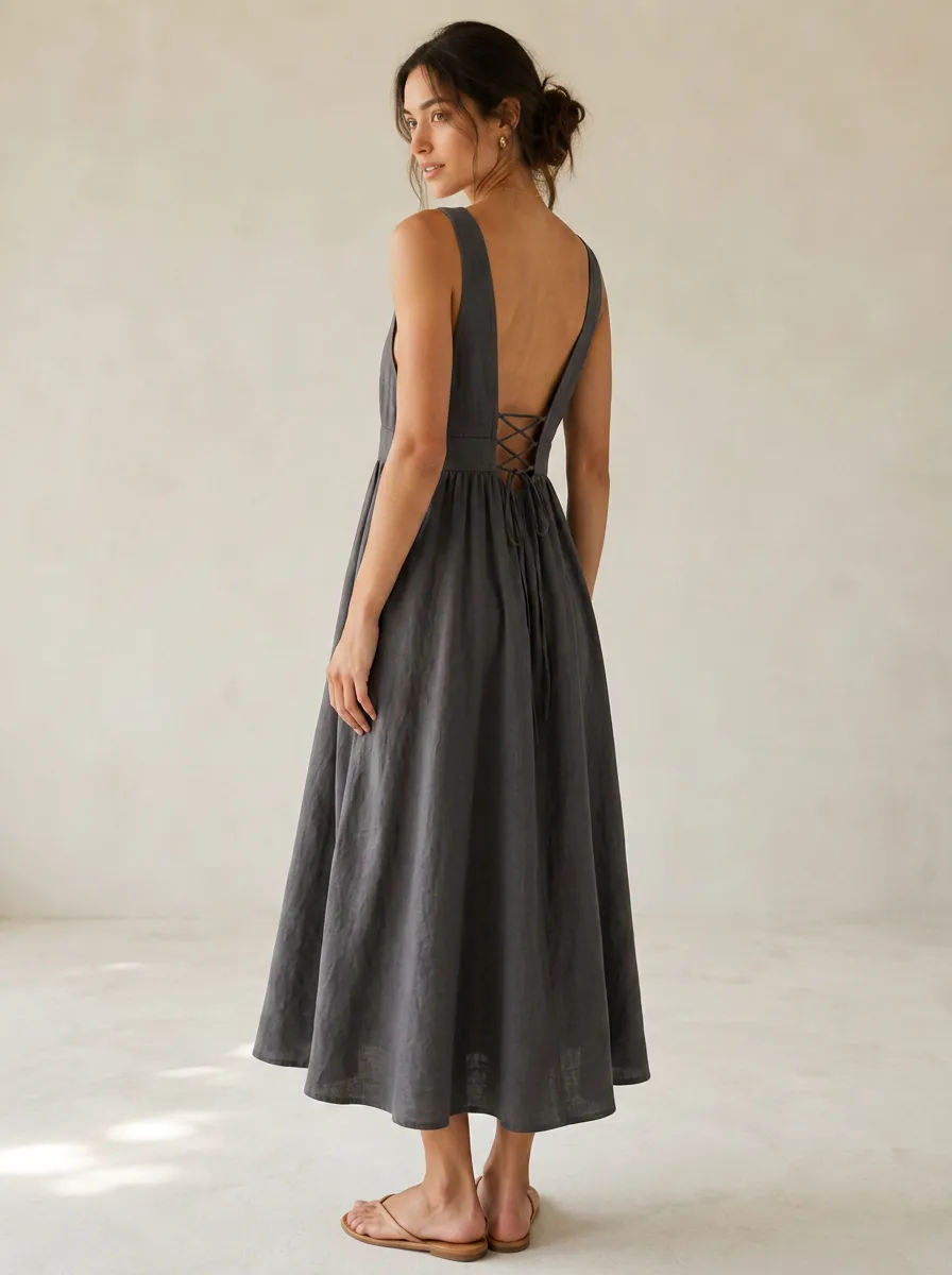 Women's Breezy Casual Lace-Up Linen Midi Backless Dress