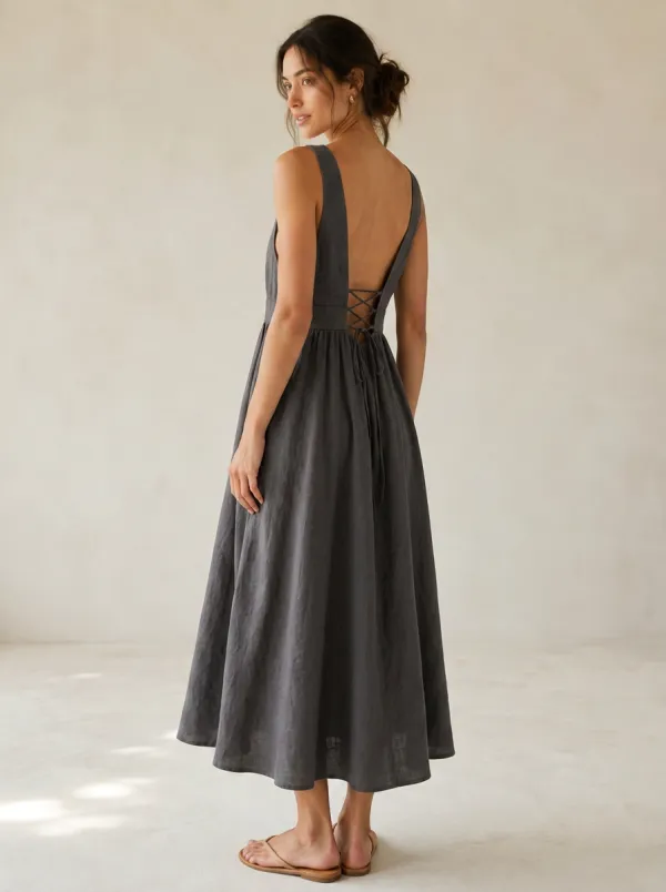 Women's Breezy Casual Lace-Up Linen Midi Backless Dress
