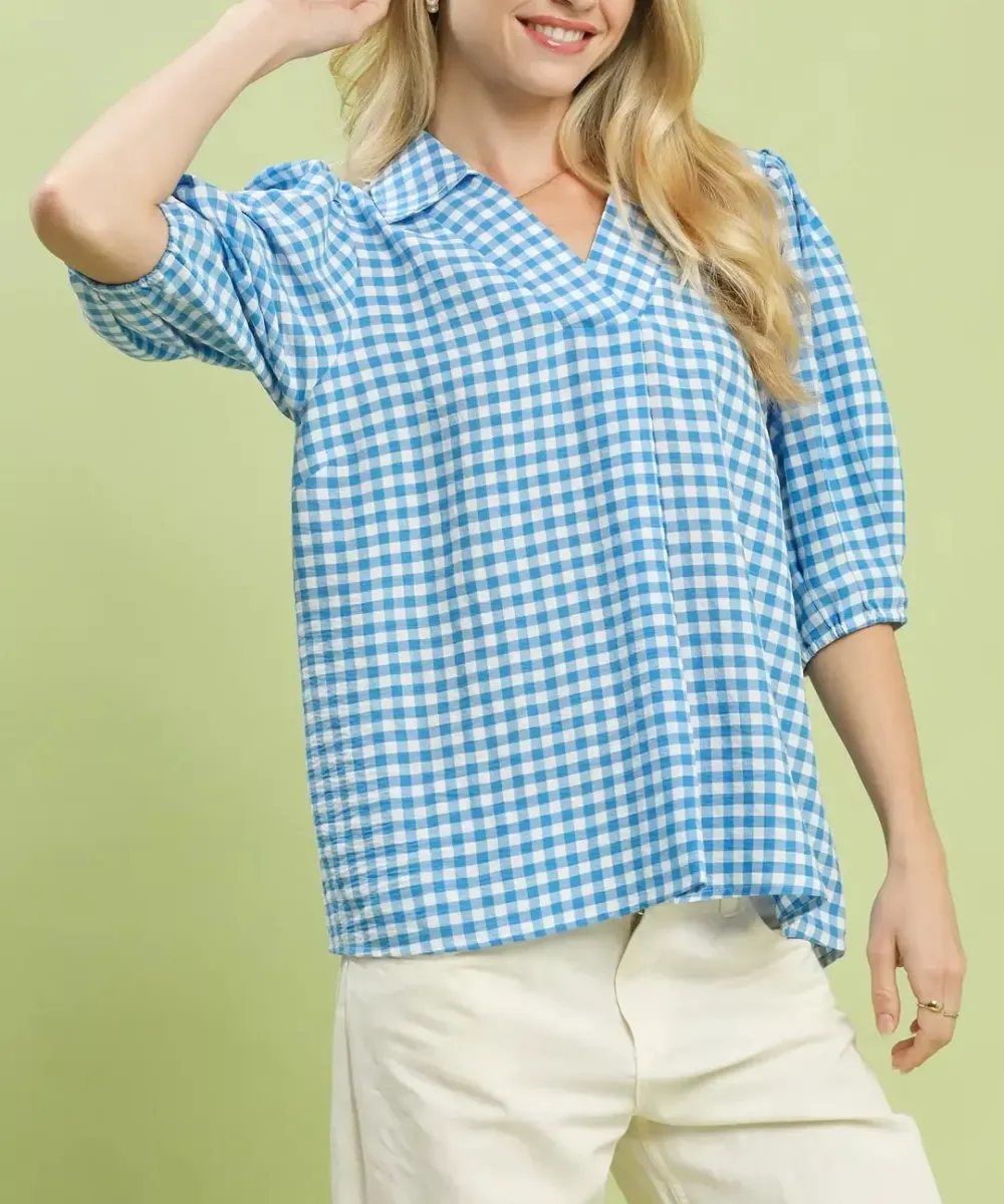 Modern Gingham Puff Sleeve Collared Blouse