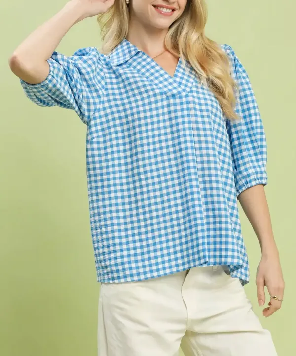 Modern Gingham Puff Sleeve Collared Blouse