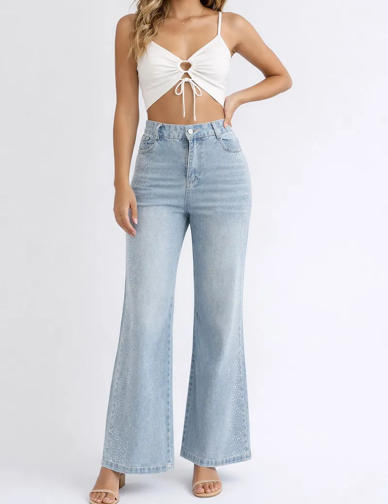 Chic Detachable Bow Rhinestone Wide Leg Denim Pants