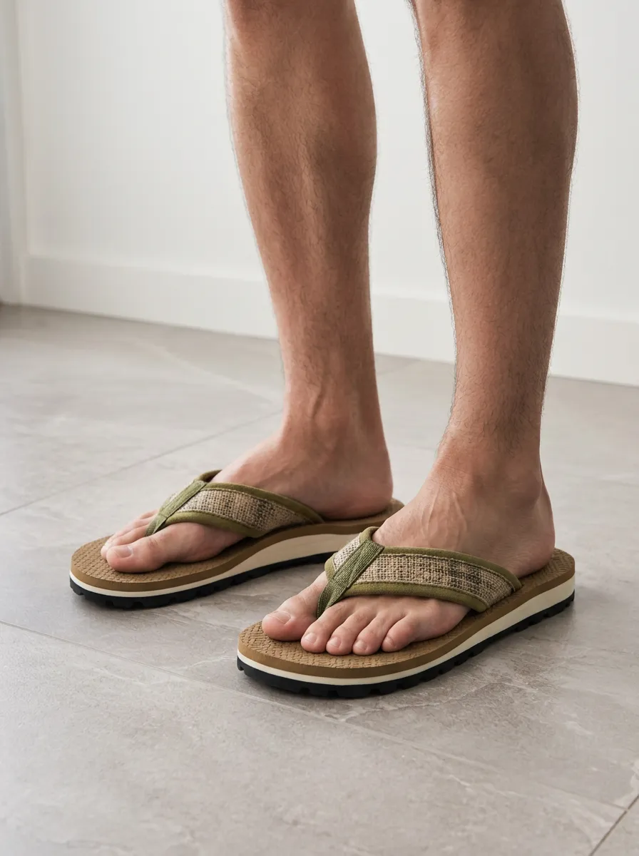 Men's Casual Summer Olive Burlap Texture Printed Flip Flops