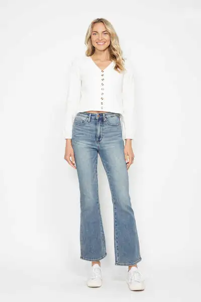 Tummy Control Back Embroidered Pocket Bootcut Denim Jeans