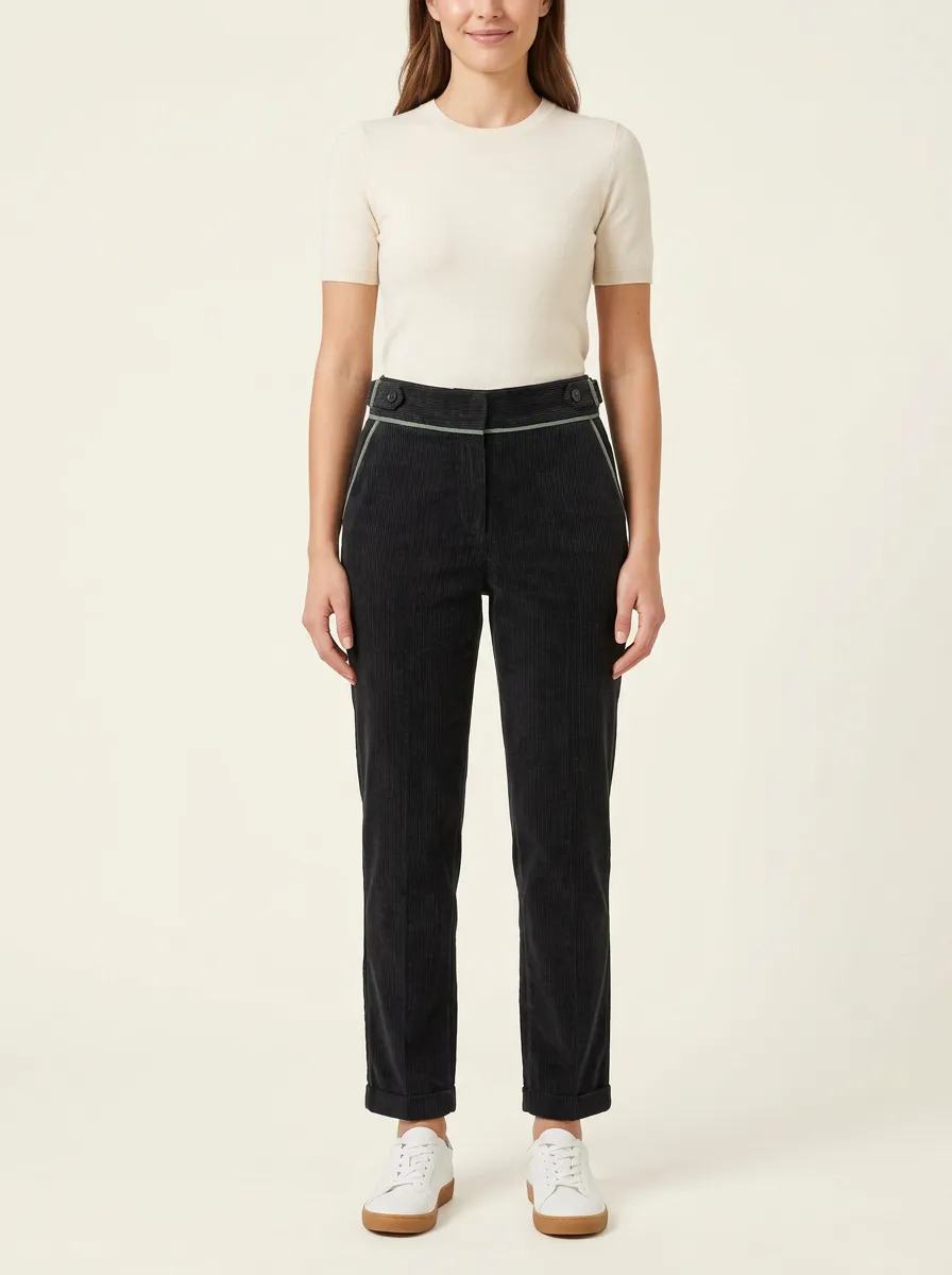 Women's Cuffed-Hem Contrast-Piping Corduroy Straight-Leg Pants