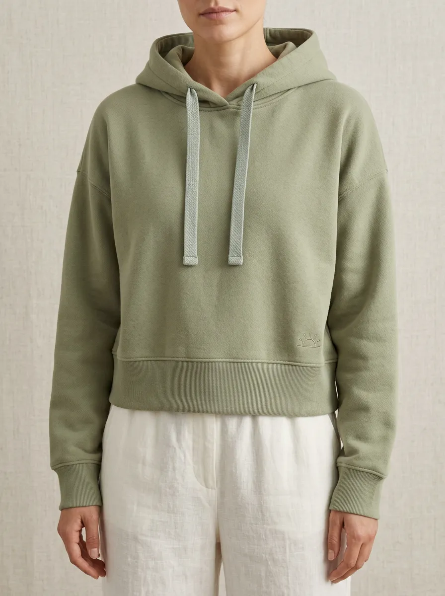 Women's Minimalist Sun Graphic Embroidered Sage Green Hoodie