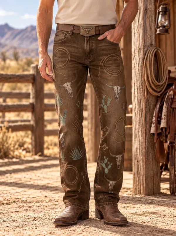 Men's Western Cowboy Lasso Cactus Skull Jeans