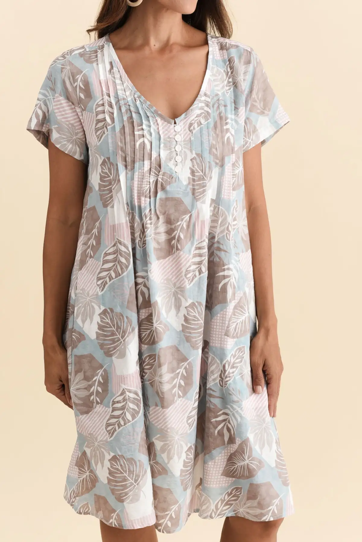 Above-Knee Floral Cotton Button-Front Pleated V-Neck Short-Sleeve Dress