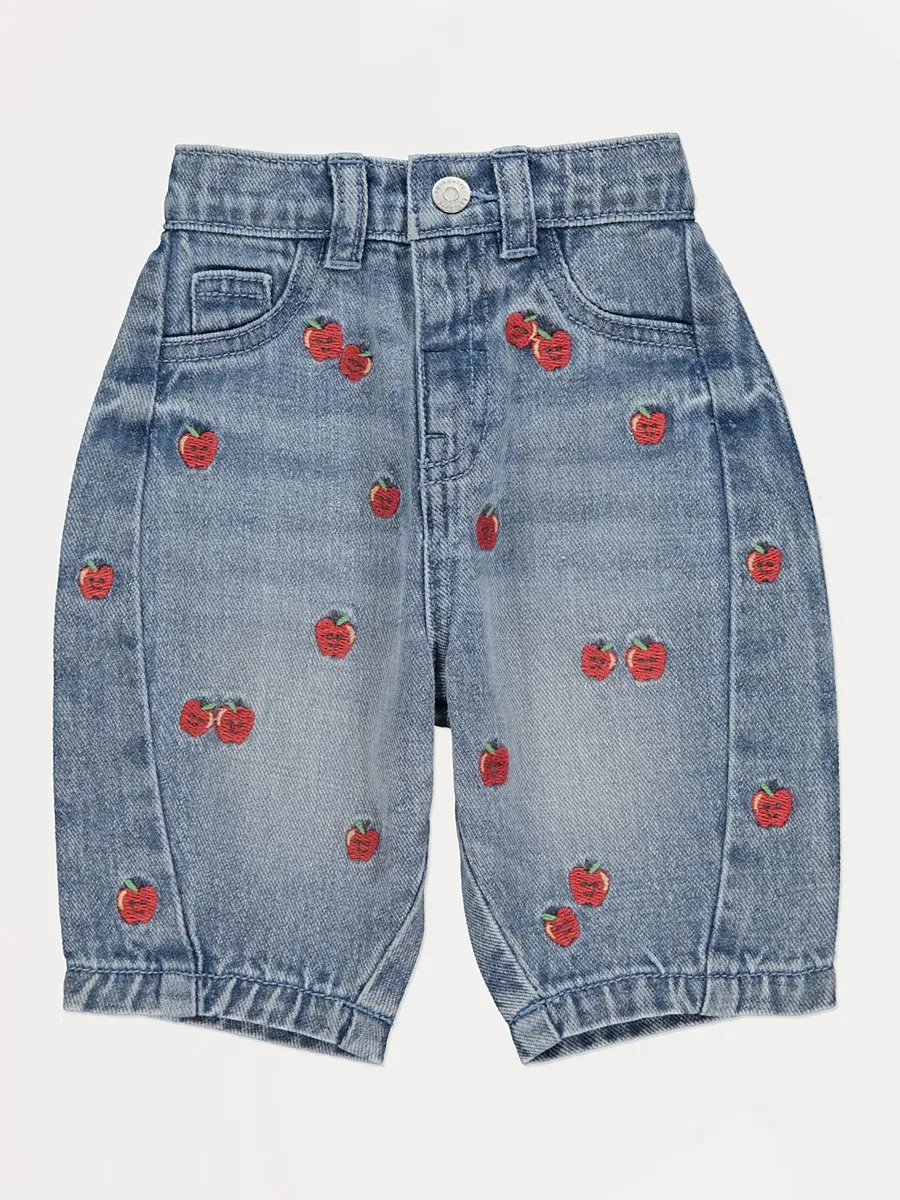 Apple Embroidered Barrel Leg Jeans